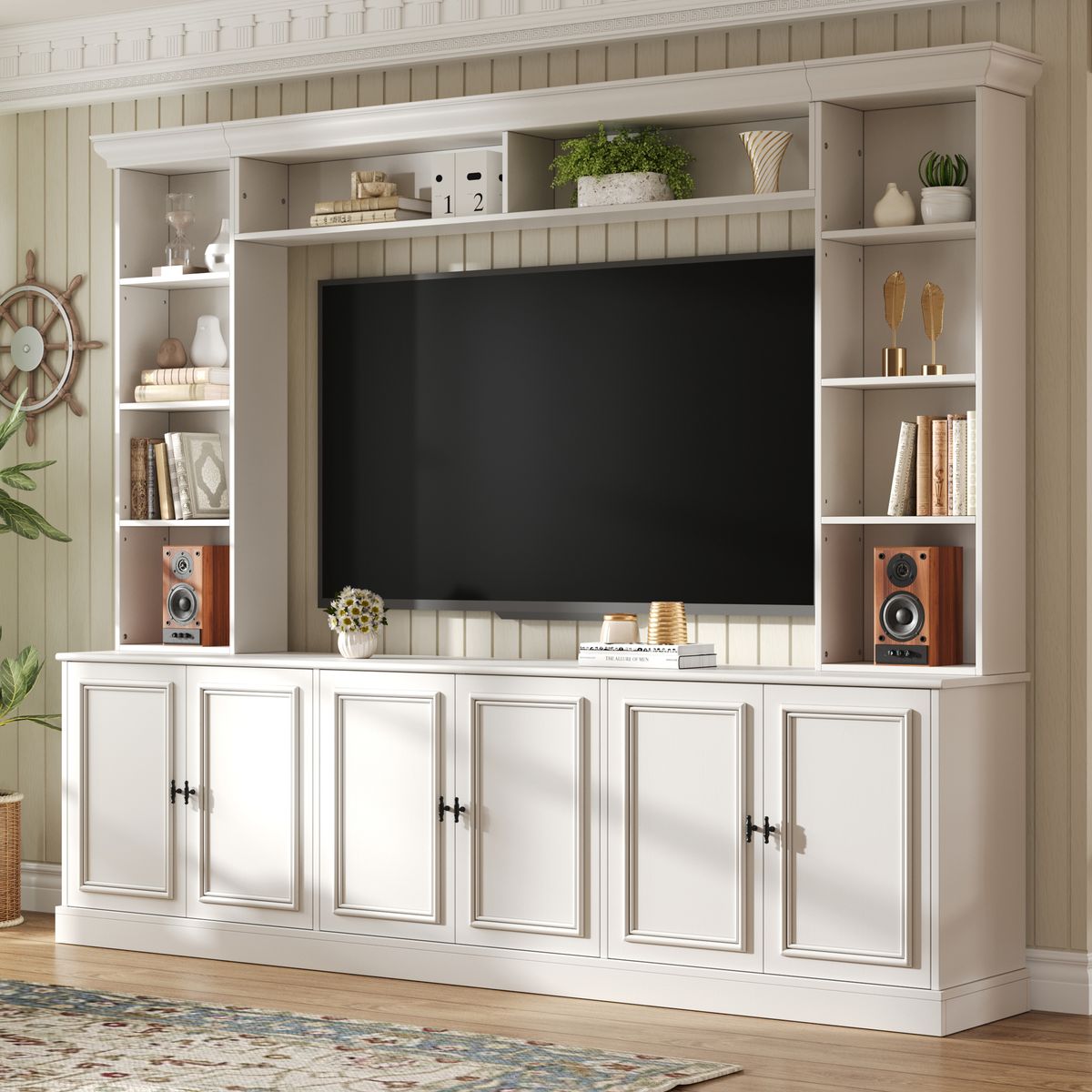 ON-TREND 97.4'W Elegant 4-Piece Wall Unit Entertainment Center with Bookshelf for TVs Up to 70', Versatile TV Stand with Adjustable Shelf, Mid-Century Media Console with Bridge for Living Room, White