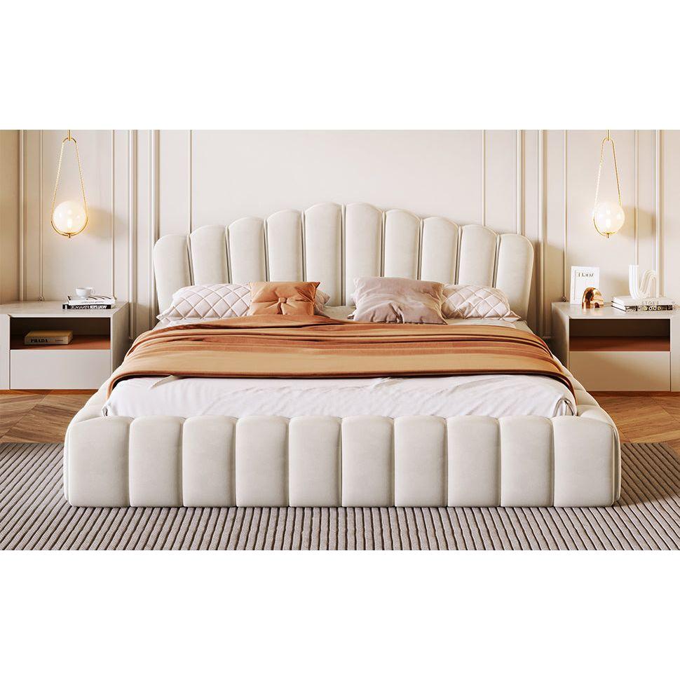 Velvet Upholstered Queen BED Frame Shell-Shaped Headboard for Bedroom,No Box Spring Needed,Beige