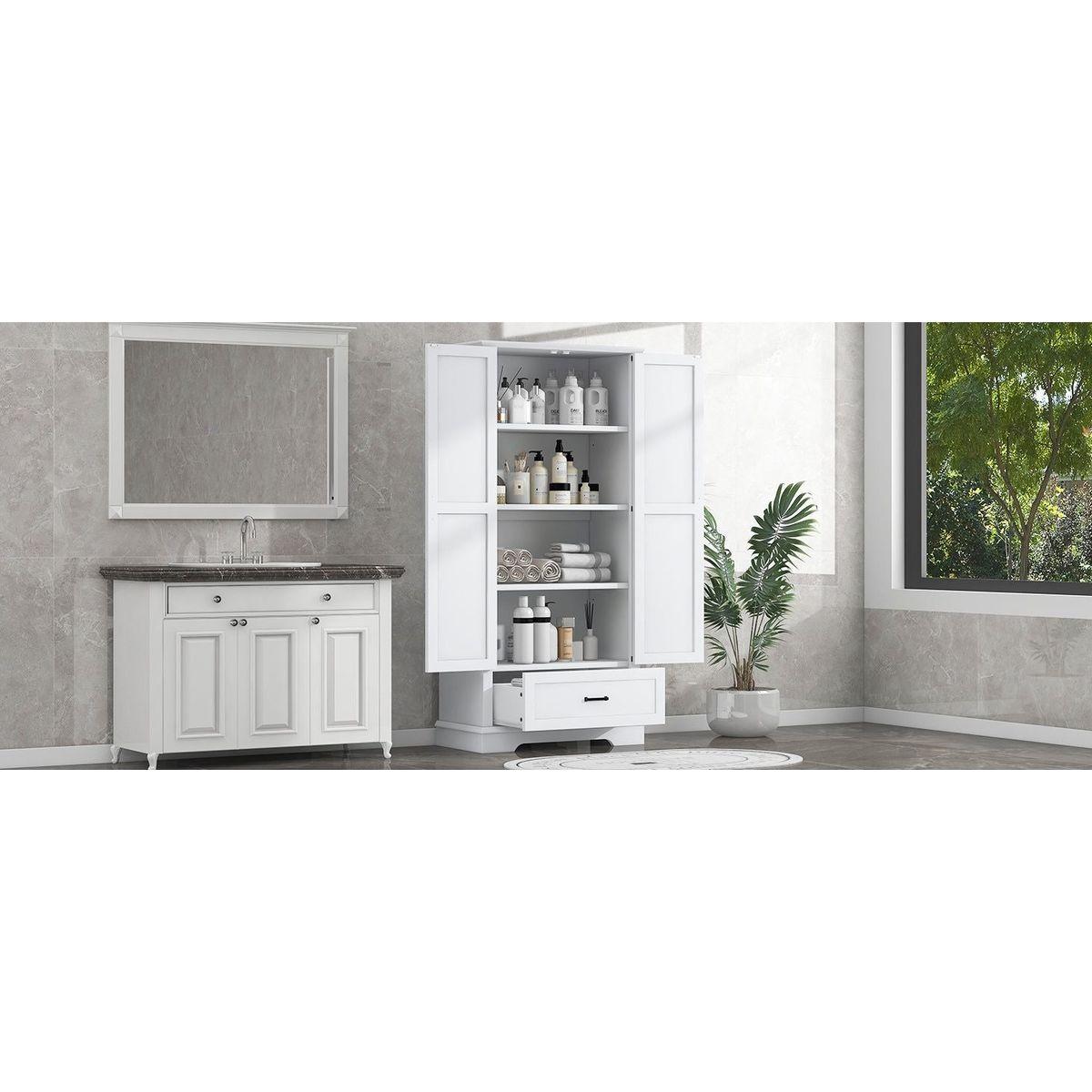 Tall Bathroom Storage Cabinet, Cabinet with Two Doors and One Drawer, Adjustable Shelf, MDF Board, White