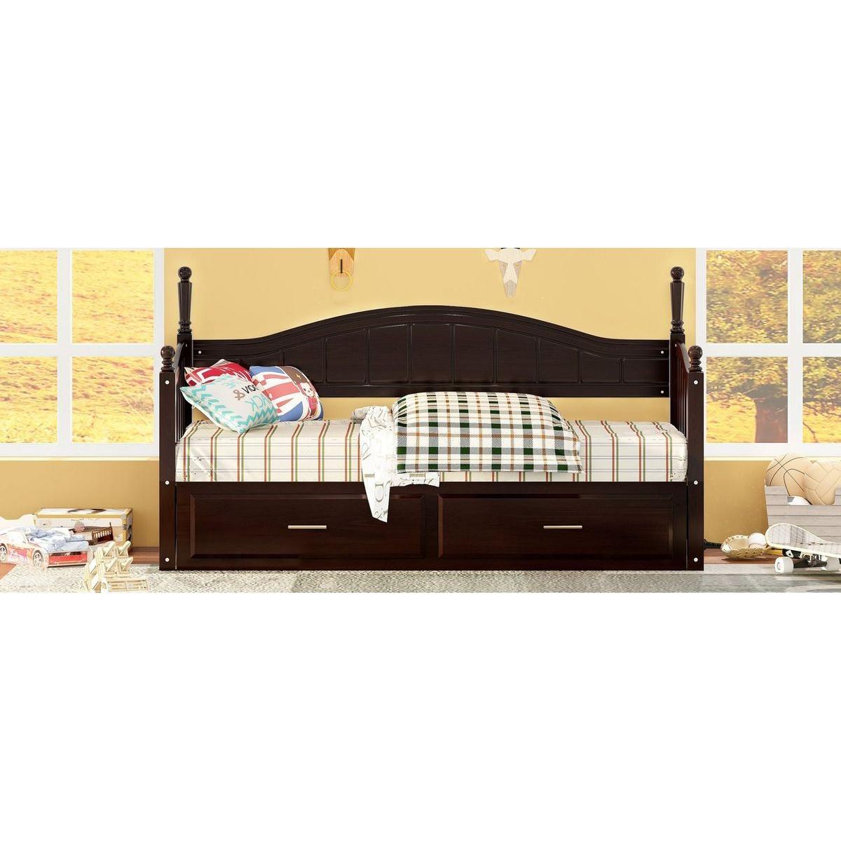 Wooden Twin Size Daybed with Twin Size Trundle, Extendable Daybed with Two Storage Drawers, Espresso