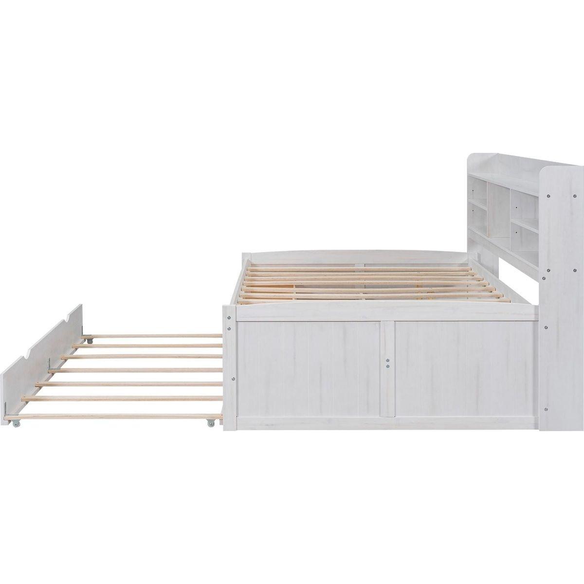 Full Size Wooden Captain Bed with Built-in Bookshelves,Three Storage Drawers and Trundle,White