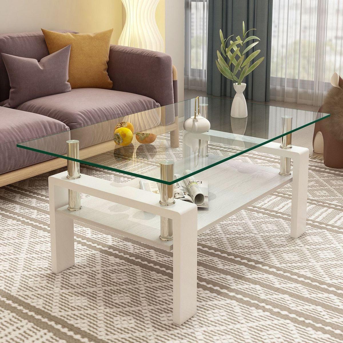 Rectangle Coffee Table, Tempered Glass Tabletop with MDF Layer, Modern Table for Living Room, Transparent Glass