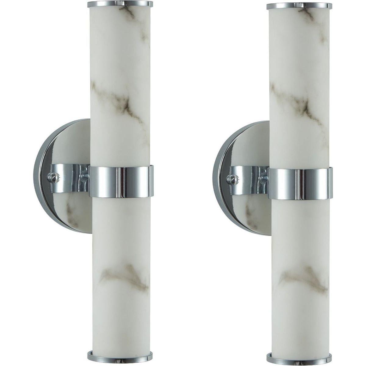 Resin Imitation Marble and Chrome Wall Sconce, Set of 2,Modern Vertical Light Fixture for Bathrooms, Hallways, and Bedrooms (Only Indoor)