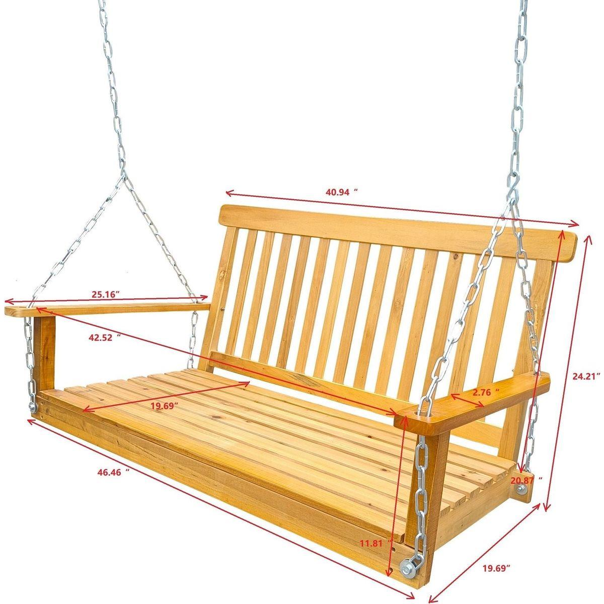 Front Porch Swing with Armrests, Wood Bench Swing with Hanging Chains,for Outdoor Patio, Garden Yard, porch, backyard, or sunroom,Easy to Assemble,teak
