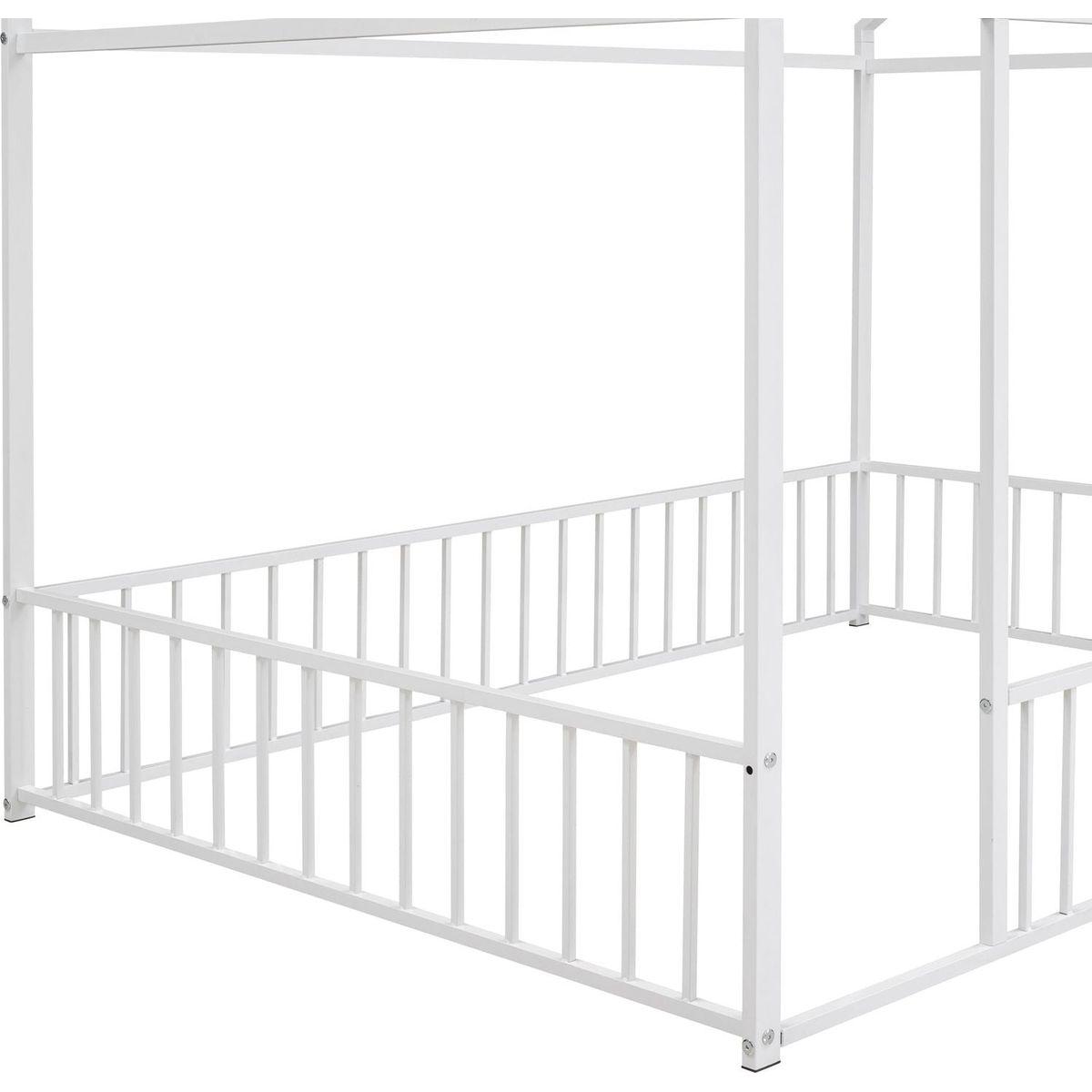 Full Size Metal Bed House Bed Frame with Fence, for Kids, Teens, Girls, Boys,White