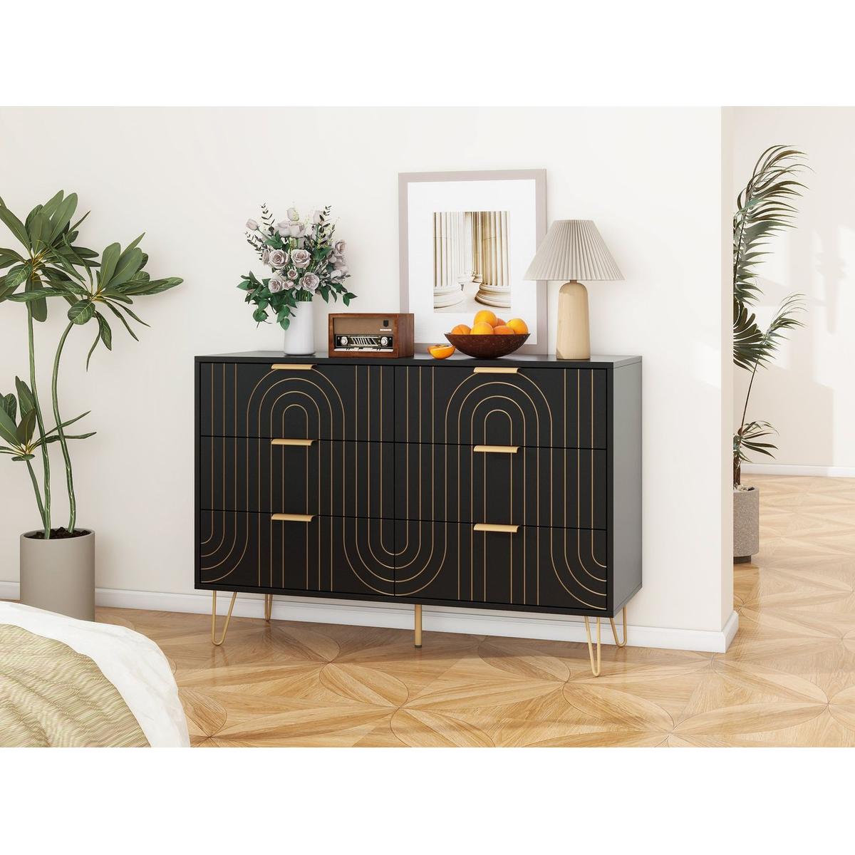 Modern 6 Drawer Dresser, Modern Dresser with Metal Handles, Storage Chest of Drawer, Wide Dresser Drawer Organizers with Carving Design for Bedroom, Living Room, Hallway