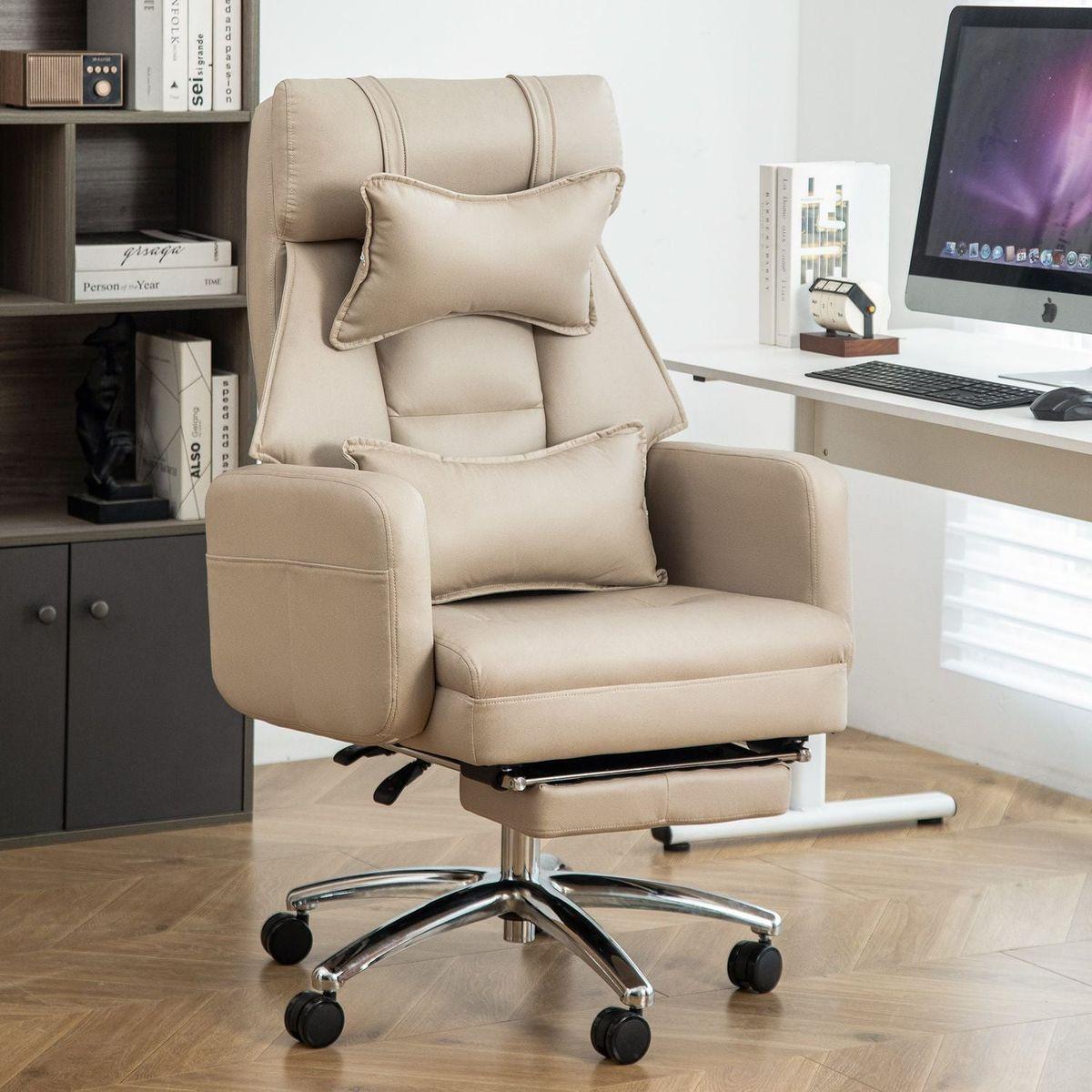 Swivel Ergonomic Office Chair, Technology Leather High Back Office Chair with Lumbar Support Headrest, Sedentary Comfortable Boss Chair, 155 Reclining Computer Chair (Color : Beige)