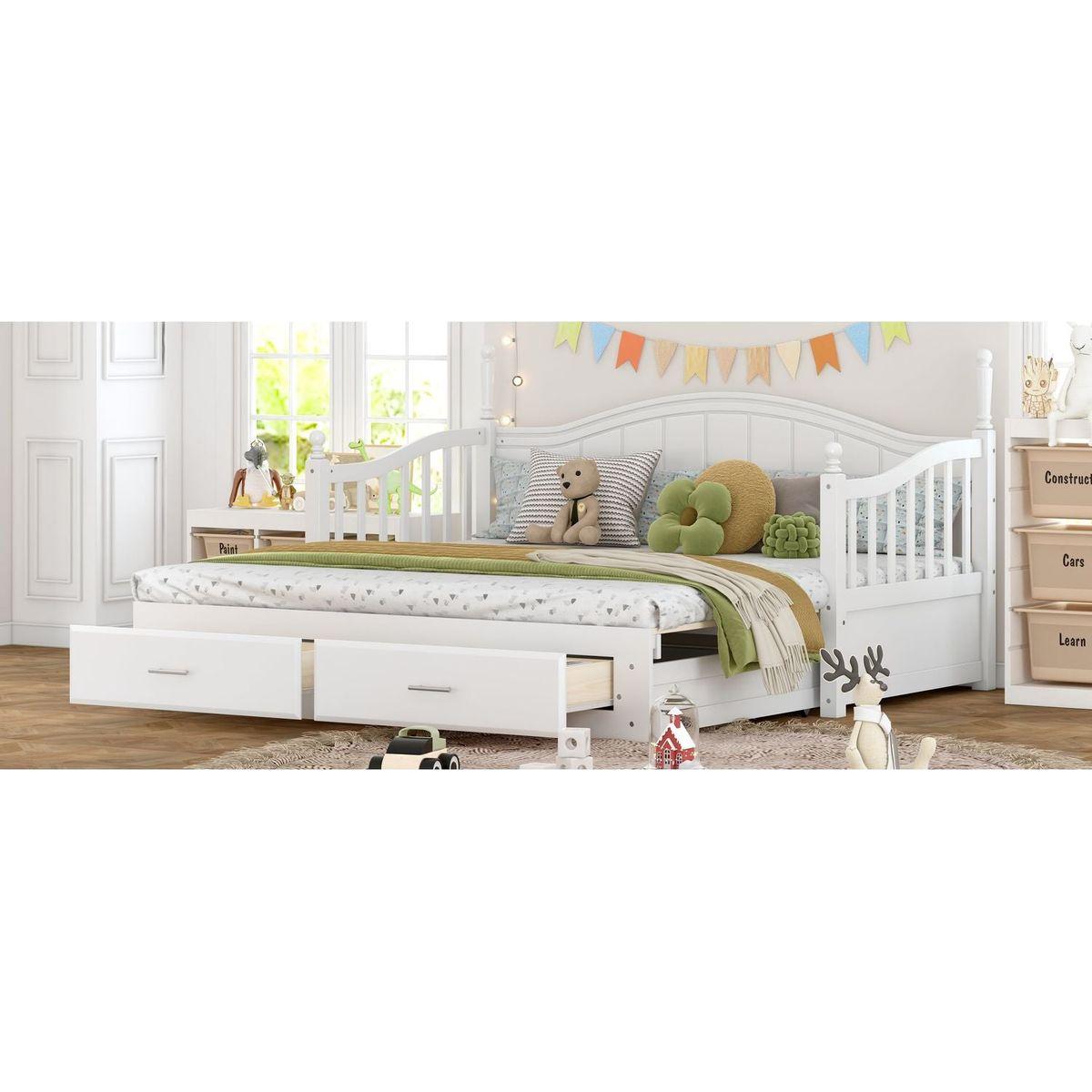 Wooden Twin Size Daybed with Twin Size Trundle, Extendable Daybed with Two Storage Drawers,White