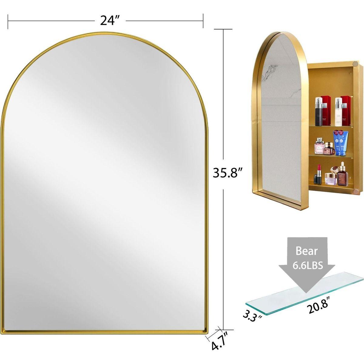 24x36 Inch Arched Recessed Medicine Cabinet, Metal Framed Bathroom Wall Cabinet with Mirror and Adjustable Shelves, Wall Mirror with Storage for Bathroom, Matte Gold