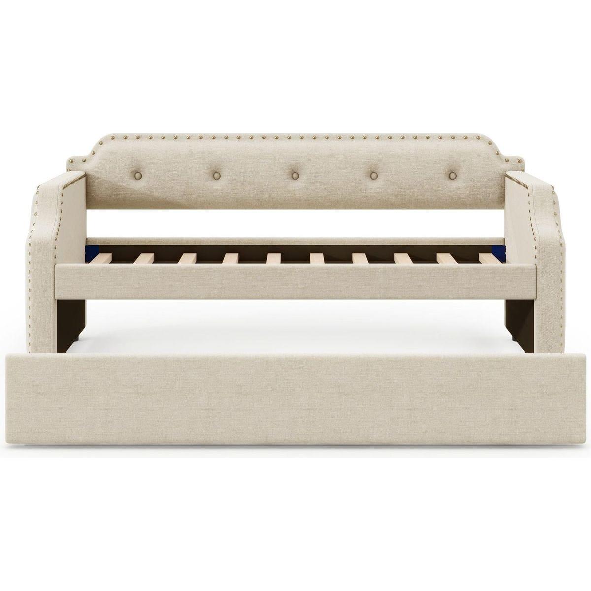 Upholstered Daybed with Trundle, Wood Slat Support,Upholstered Frame Sofa Bed, Twin, Beige