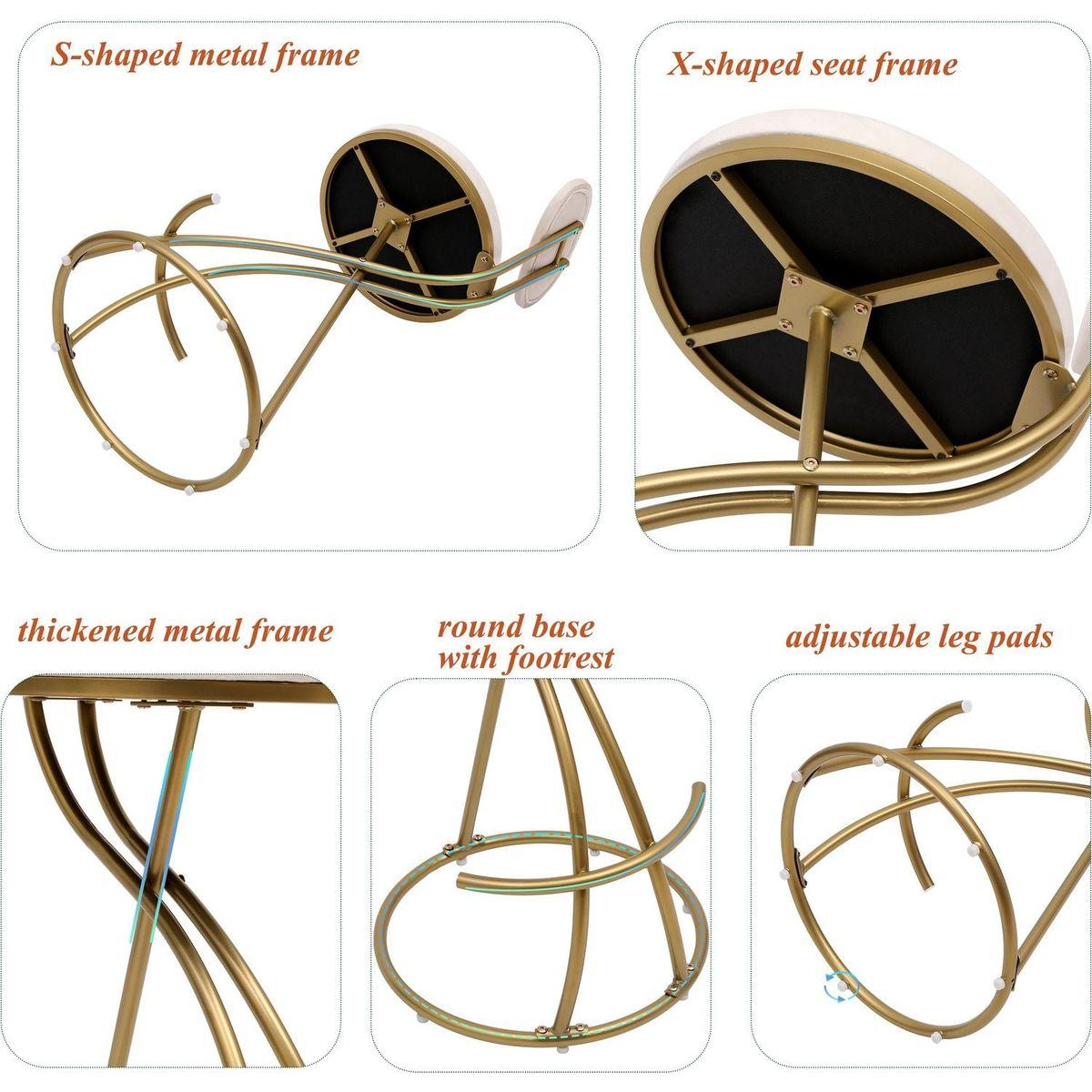 Round Bar Stool Armless Velvet Barstools with Back Set of 2 Upholstered Counter Chair for Dining Room, Kitchen Island (Gold & Creamy White)