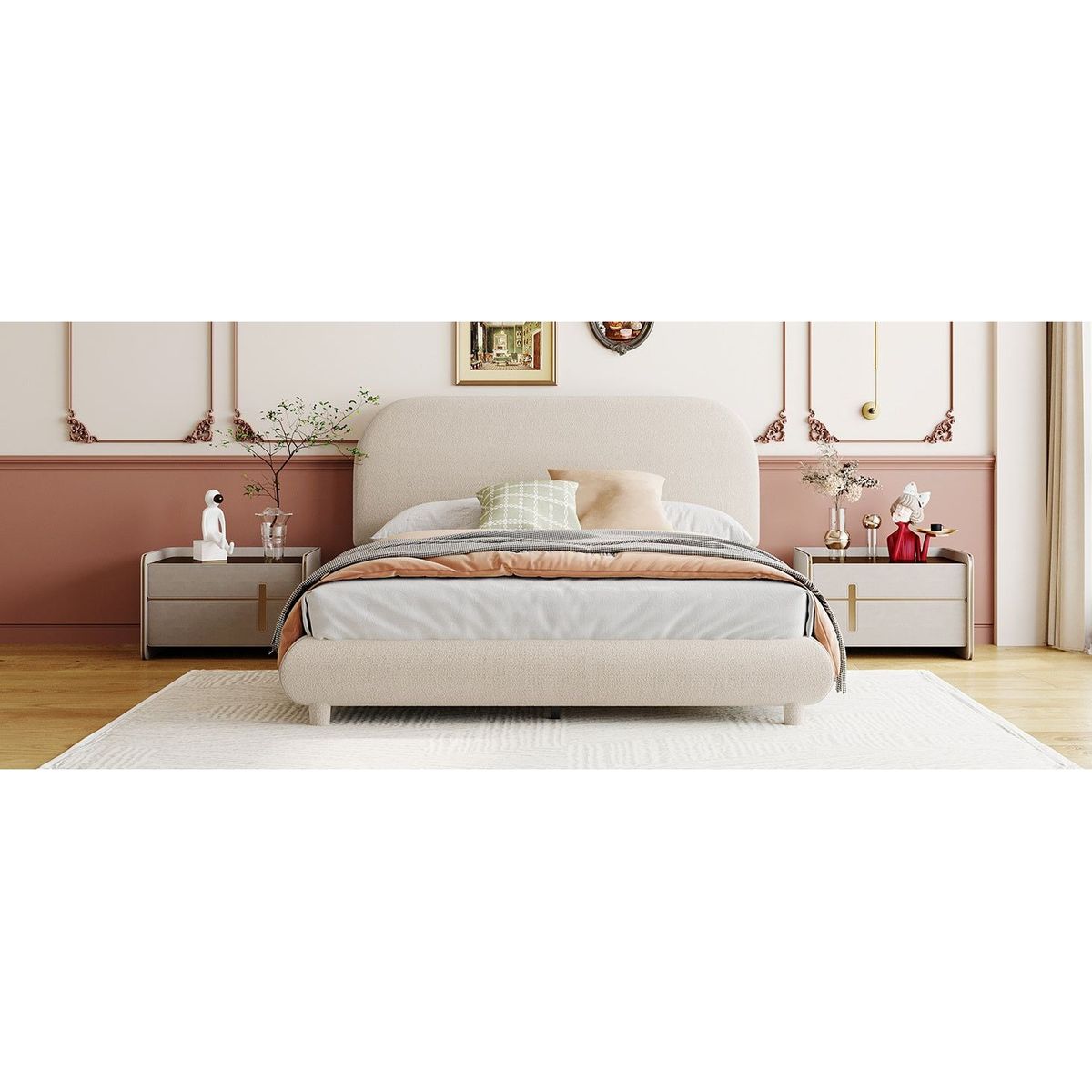 Teddy Fleece Full Size Upholstered Platform Bed with Thick Fabric, Solid Frame and Stylish Curve-shaped Design, Beige