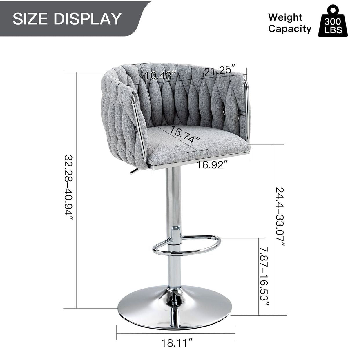360 Fabric cover Swivel Bar Stools Set of 2, Adjustable Counter Height Bar Chairs with Woven Back & Footrest,Silver chromed Bar Stools for Kitchen Island, Cafe, Pub (Gray)