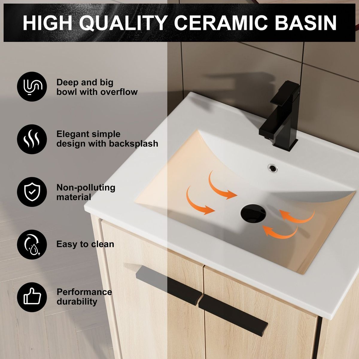 24 Inch Bathroom Vanity Base with basin, Storage Cabinet with Doors, Engineered Wood