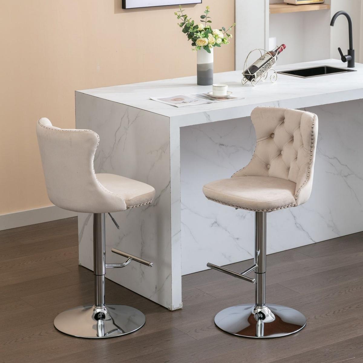 Swivel Velvet Barstools Adjusatble Seat Height from 25-33 Inch, Modern Upholstered Chrome base Bar Stools with Backs Comfortable Tufted for Home Pub and Kitchen Island, Beige,Set of 2