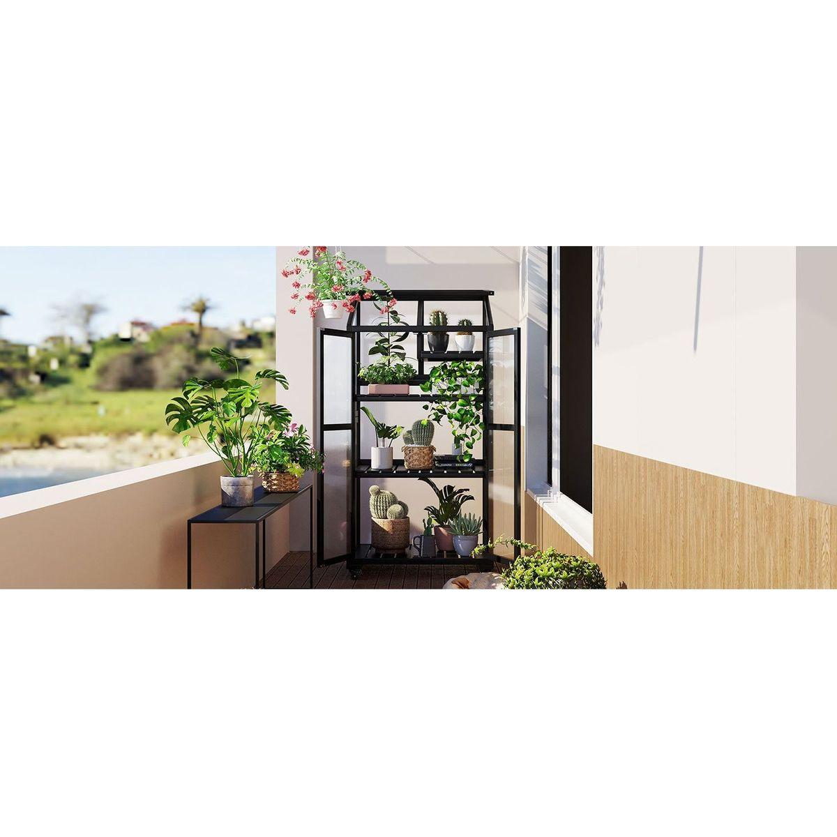 62inch Height Wood Large Greenhouse Balcony Portable Cold Frame with Wheels and Adjustable Shelves for Outdoor Indoor Use, Black