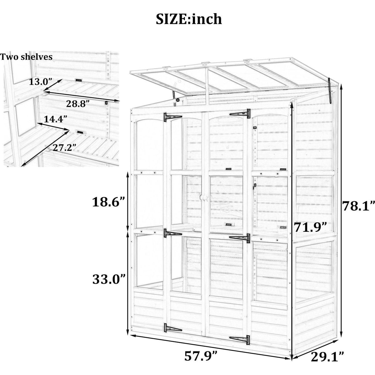 78-inch Wooden Greenhouse Cold Frame with 4 Independent Skylights and 2 Folding Middle Shelves, Walk-in Outdoor Greenhouse, Black