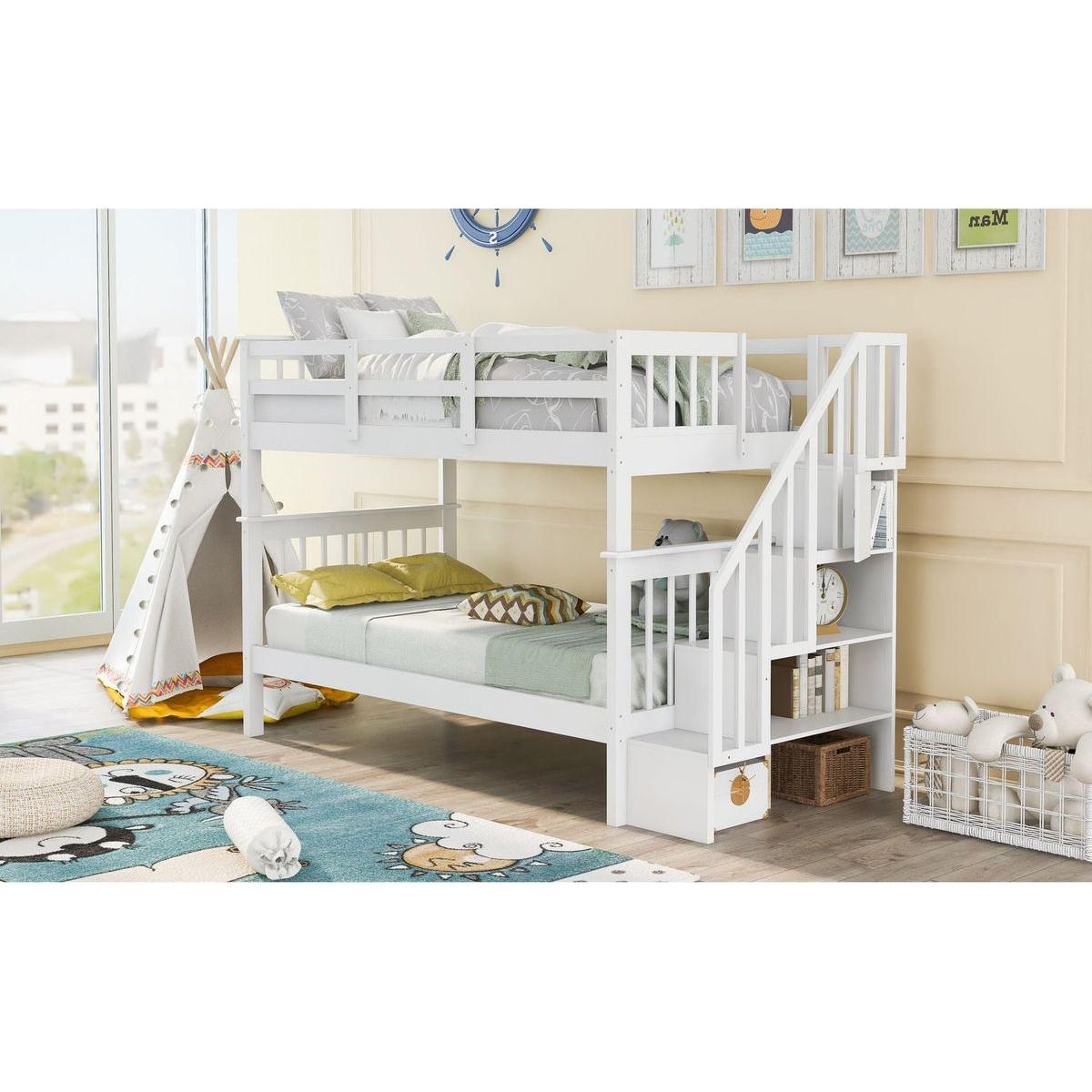 Stairway Twin-Over-Twin Bunk Bed with Storage and Guard Rail for Bedroom, Dorm, White color - Streamdale Furniture