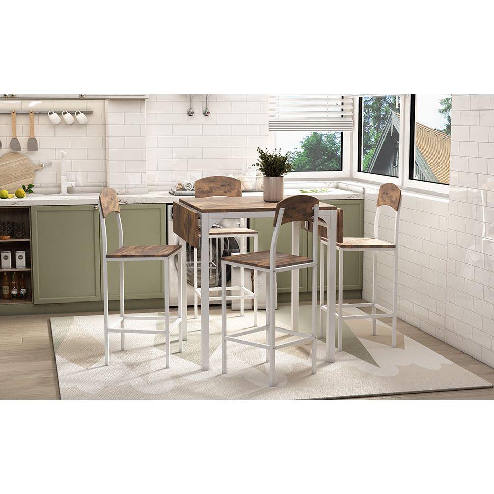 Farmhouse 5-piece Counter Height Drop Leaf Dining Table Set with Dining Chairs for 4, White Frame+ Rustic Brown Tabletop