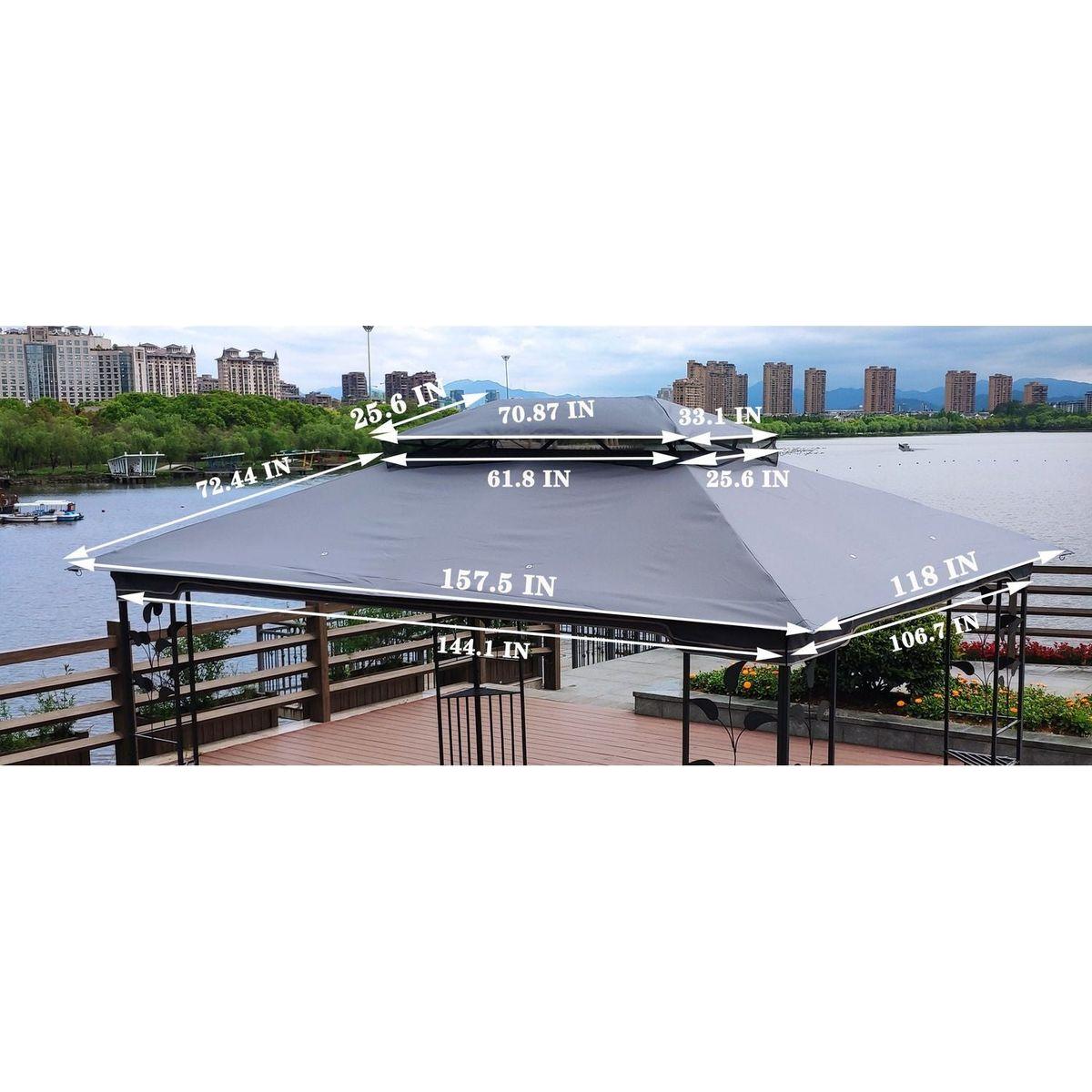 13x10 Ft Patio Double Roof Gazebo Replacement Canopy Top Fabric, Gray