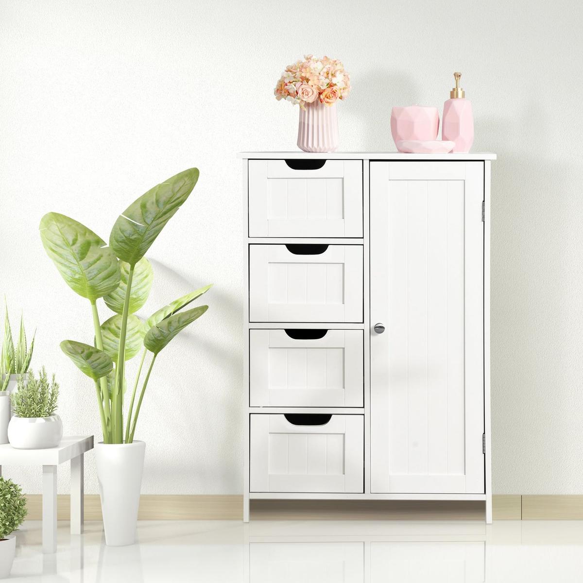 White Bathroom Storage Cabinet, Floor Cabinet with Adjustable Shelf and Drawers - Streamdale Furniture