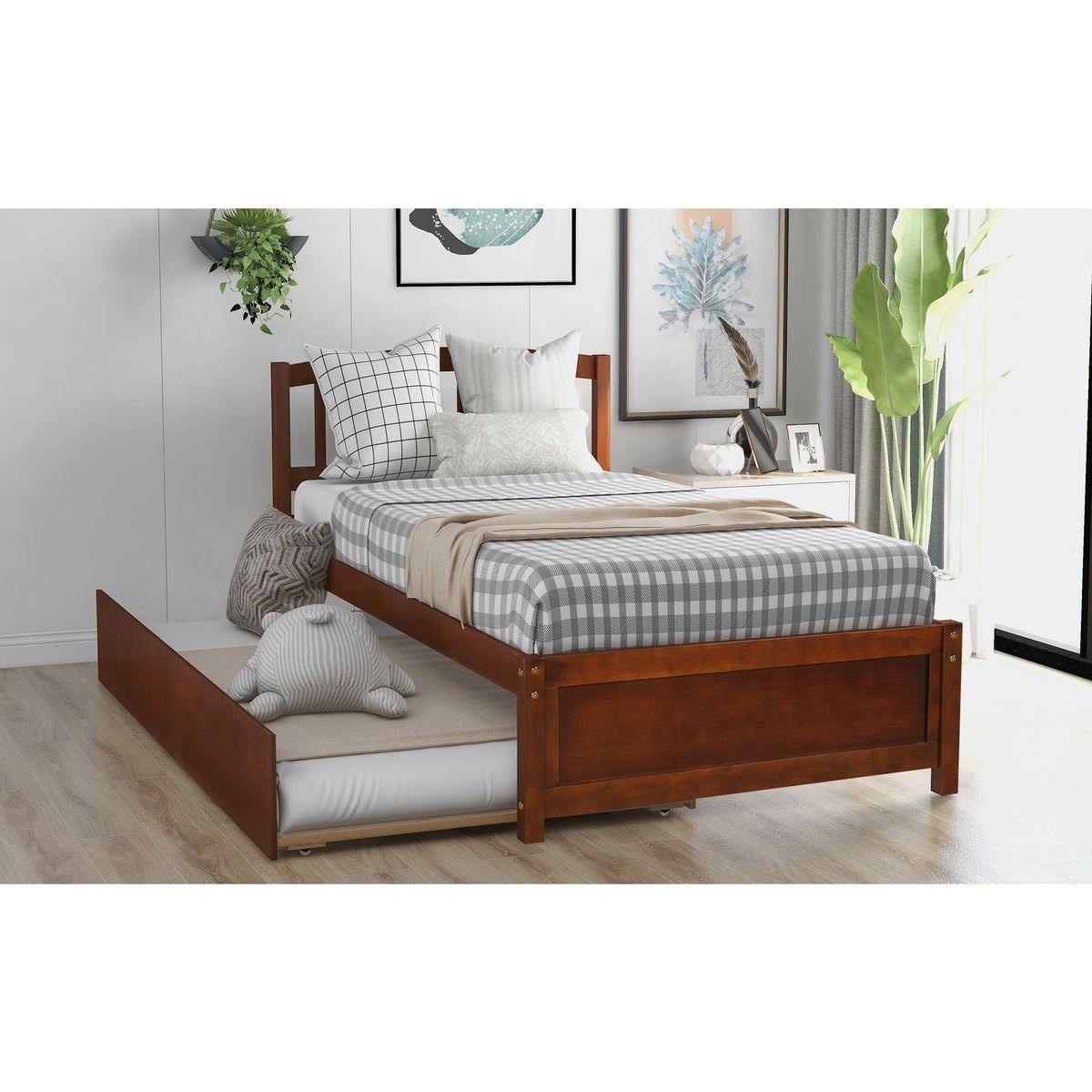 Twin size Platform Bed Wood Bed Frame with Trundle, Walnut - Streamdale Furniture