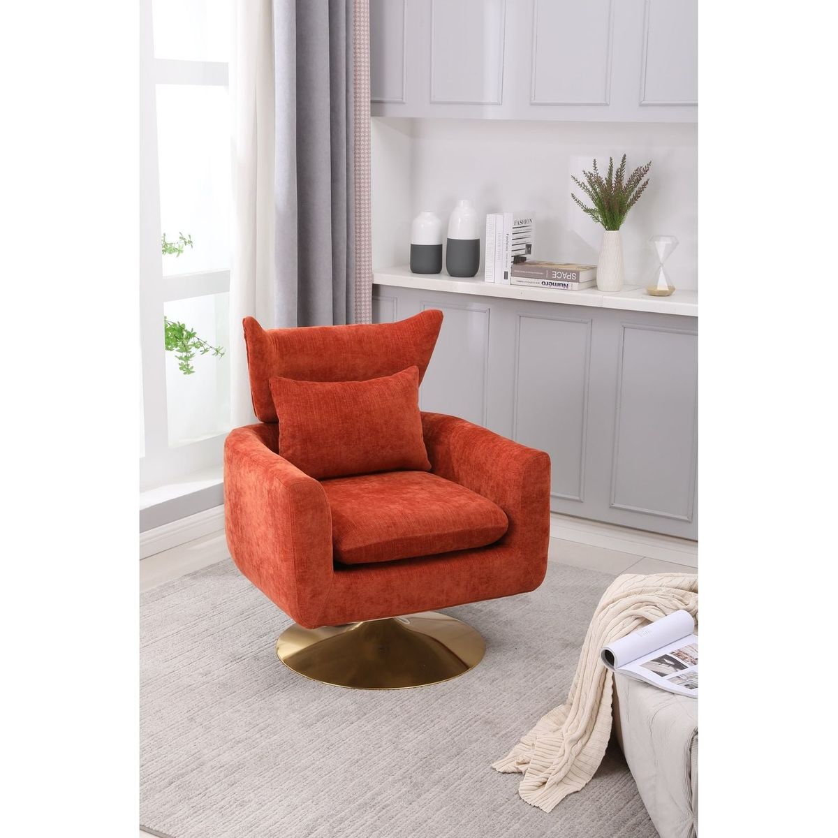 Classic Mid-Century 360-degree Swivel Accent Chair, Orange Linen