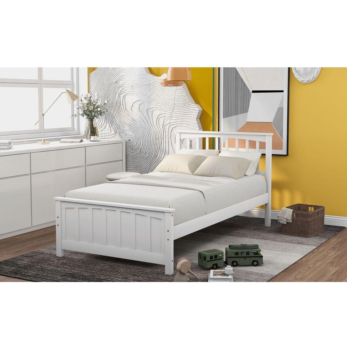 Wood Platform Bed Twin size Platform Bed, White - Streamdale Furniture