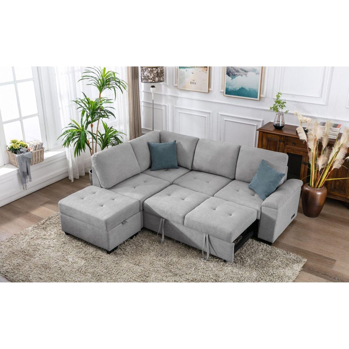 Sleeper Sectional Sofa, L-Shape Corner Couch Sofa-Bed with Storage Ottoman & Hidden Arm Storage & USB Charge for Living Room Apartment, Gray