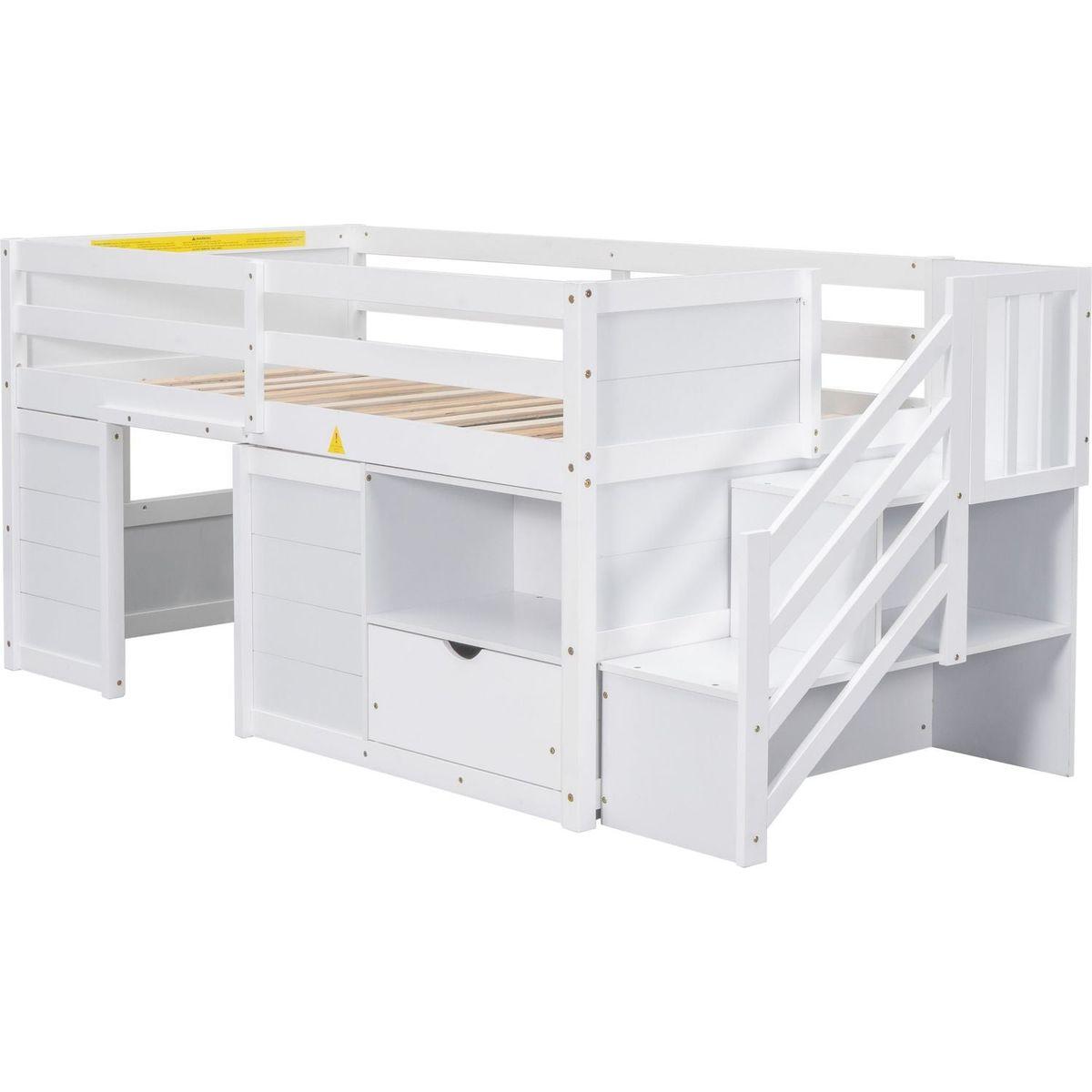 TWIN BED, SOLID WOOD TWIN SIZE LOW LOFT BED WITH STAIR, DRAWER, AND SHELF OF WHITE COLOR