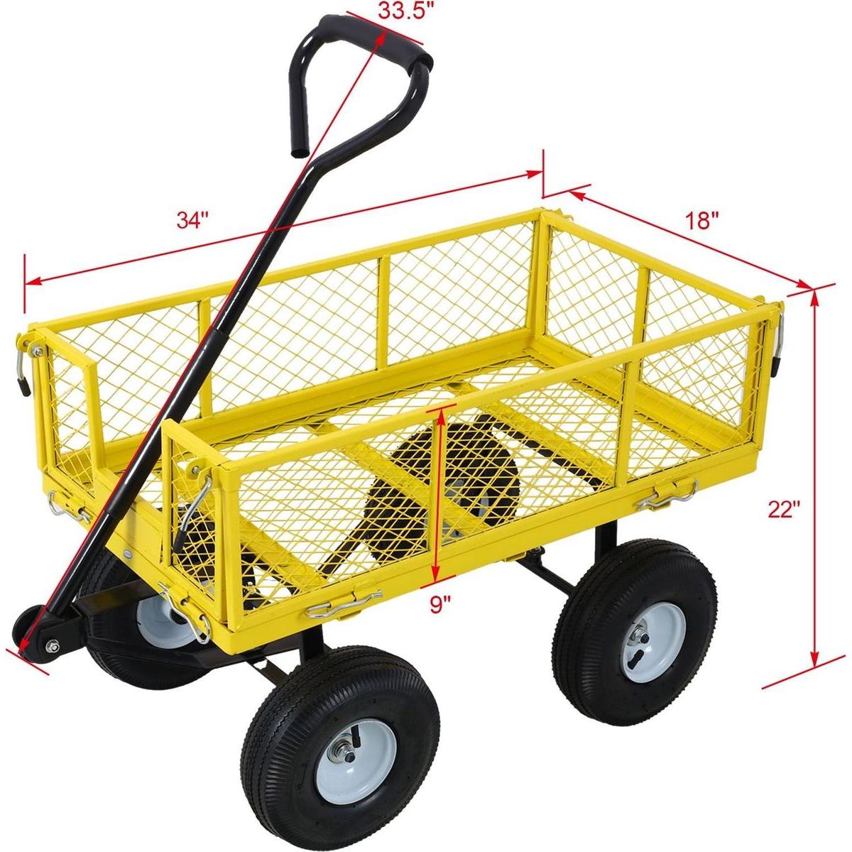 Steel Garden Cart, Steel Mesh Removable Sides, 3 cu ft, 550 lb Capacity, Yellow