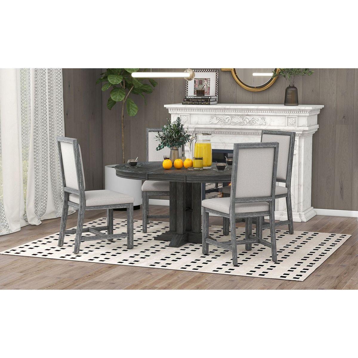 5-Piece Dining Set Extendable Round Table and 4 Upholstered Chairs Farmhouse Dining Set for Kitchen, Dining Room (Black) - Streamdale Furniture