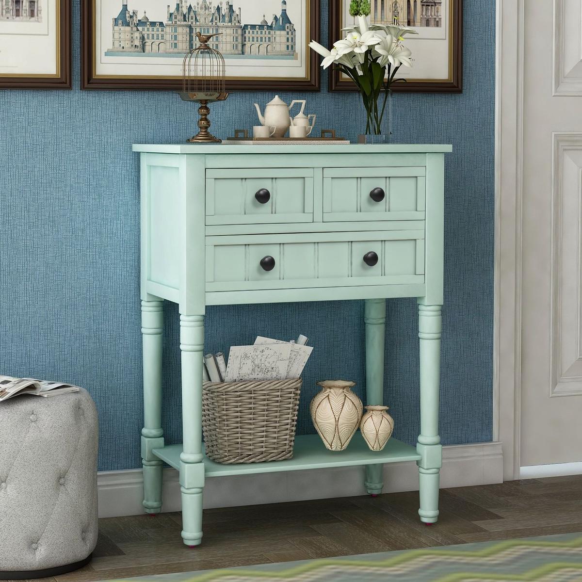Narrow Console Table, Slim Sofa Table with Three Storage Drawers and Bottom Shelf for Living Room, Easy Assembly (Retro Blue) - Streamdale Furniture