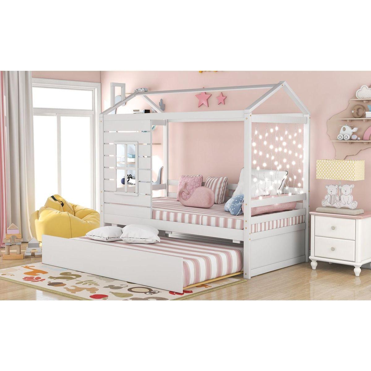 Twin Size House Bed Wood Bed with Twin Size Trundle (White) - Streamdale Furniture