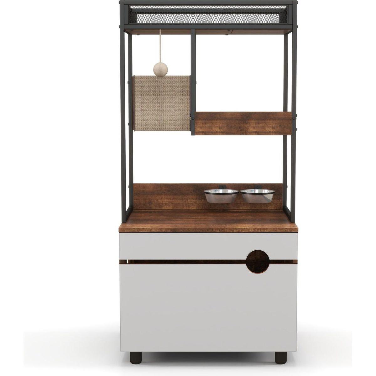 Hidden Cat Litter Box Enclosures with Cat Tree Tower, Cat Furniture with Scratching Pads and Large Storage Space, Industrial Cat Cabinet with Shelves and Doors, Rustic Brown