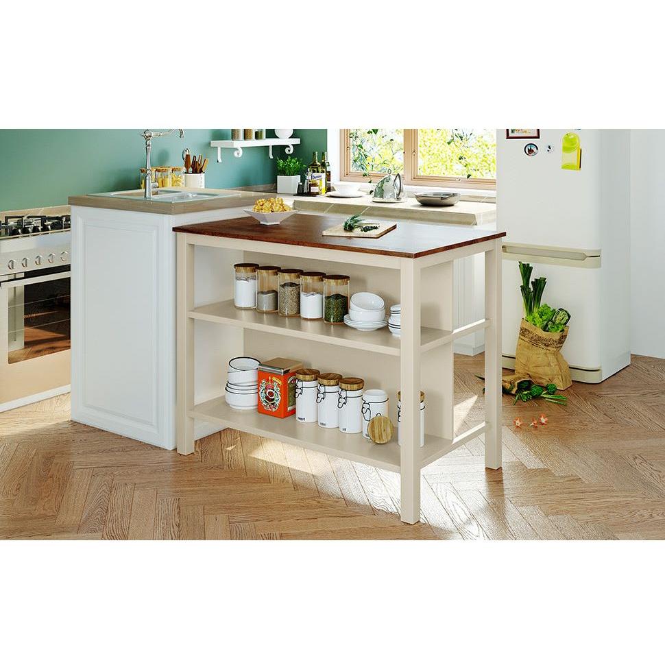 Solid Wood Rustic 45" Stationary Kitchen Island, Rubber Wood Butcher Block Dining Table Prep Table with 2 Open Shelves for Small Places, Walnut+Cream White - Streamdale Furniture