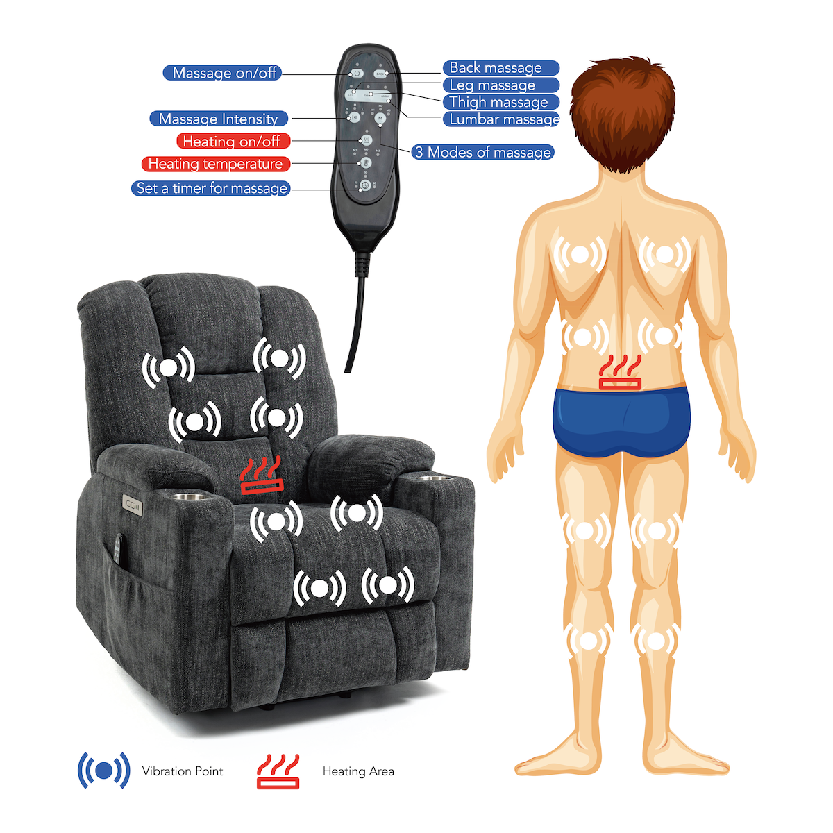 Large Power Lift Recliner Chair with Massage and Heat for Elderly, Overstuffed Wide Recliners, Heavy Duty Motion Mechanism with USB and Type C Ports, 2 Steel Cup Holders, Gray