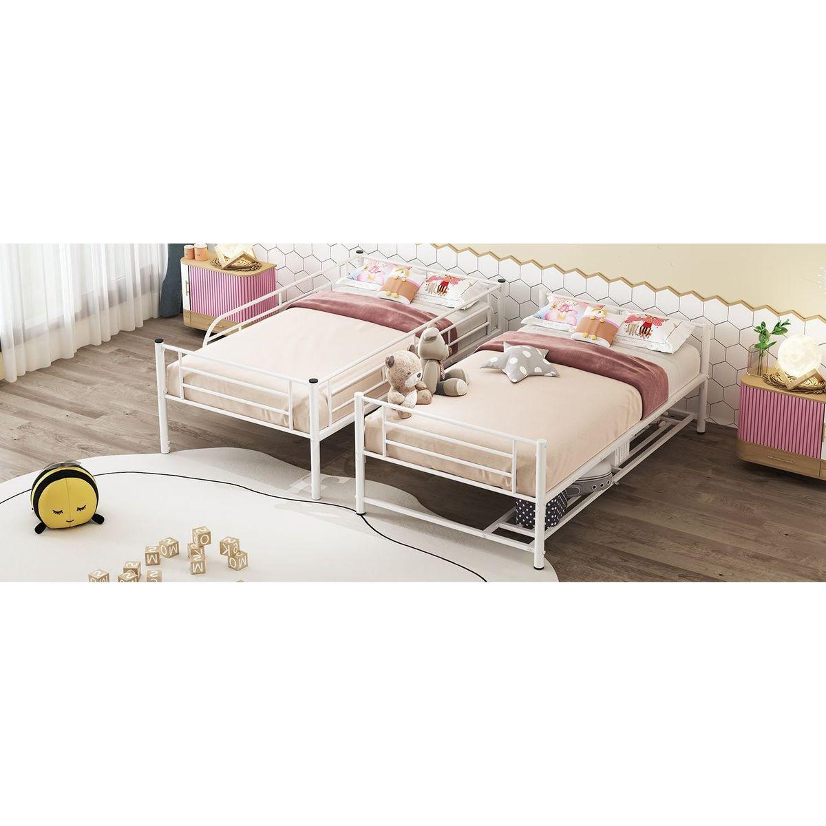 Twin Over Twin Metal Bunk Bed with Shelf and Guardrails, White