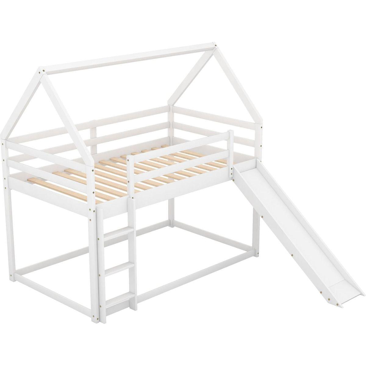 Twin Size Bunk House Bed with Slide and Ladder, White