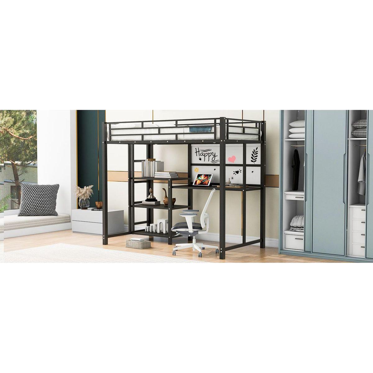 Twin Size Loft Bed with Desk and Whiteboard, Mental Loft Bed with 3 Shelves and Ladder, Black