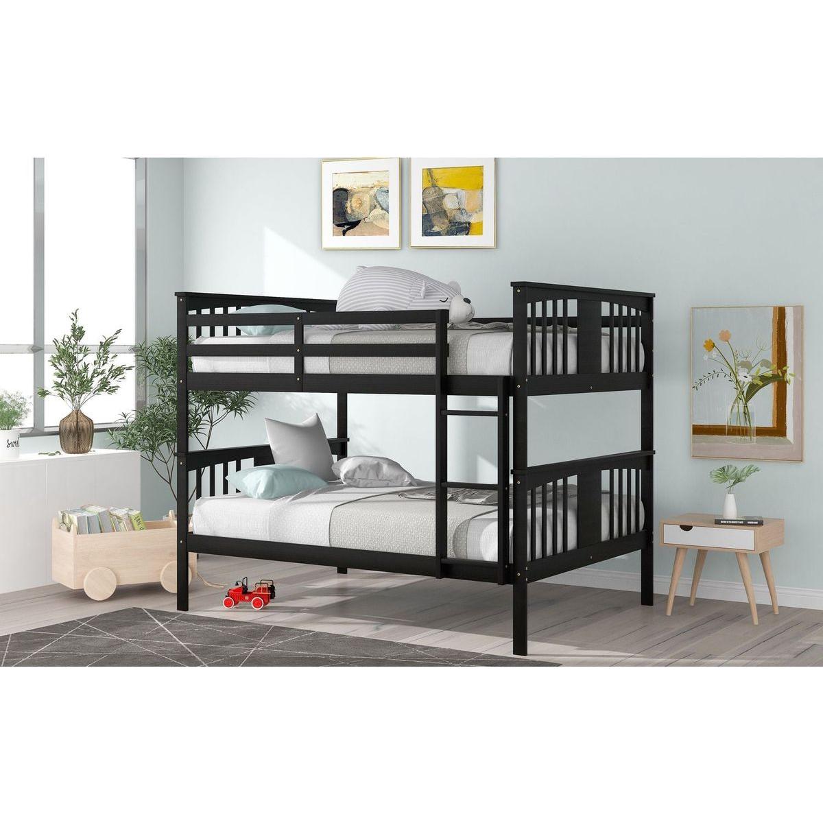 Full over Full Bunk Bed with Ladder for Bedroom, Guest Room Furniture-Espresso - Streamdale Furniture