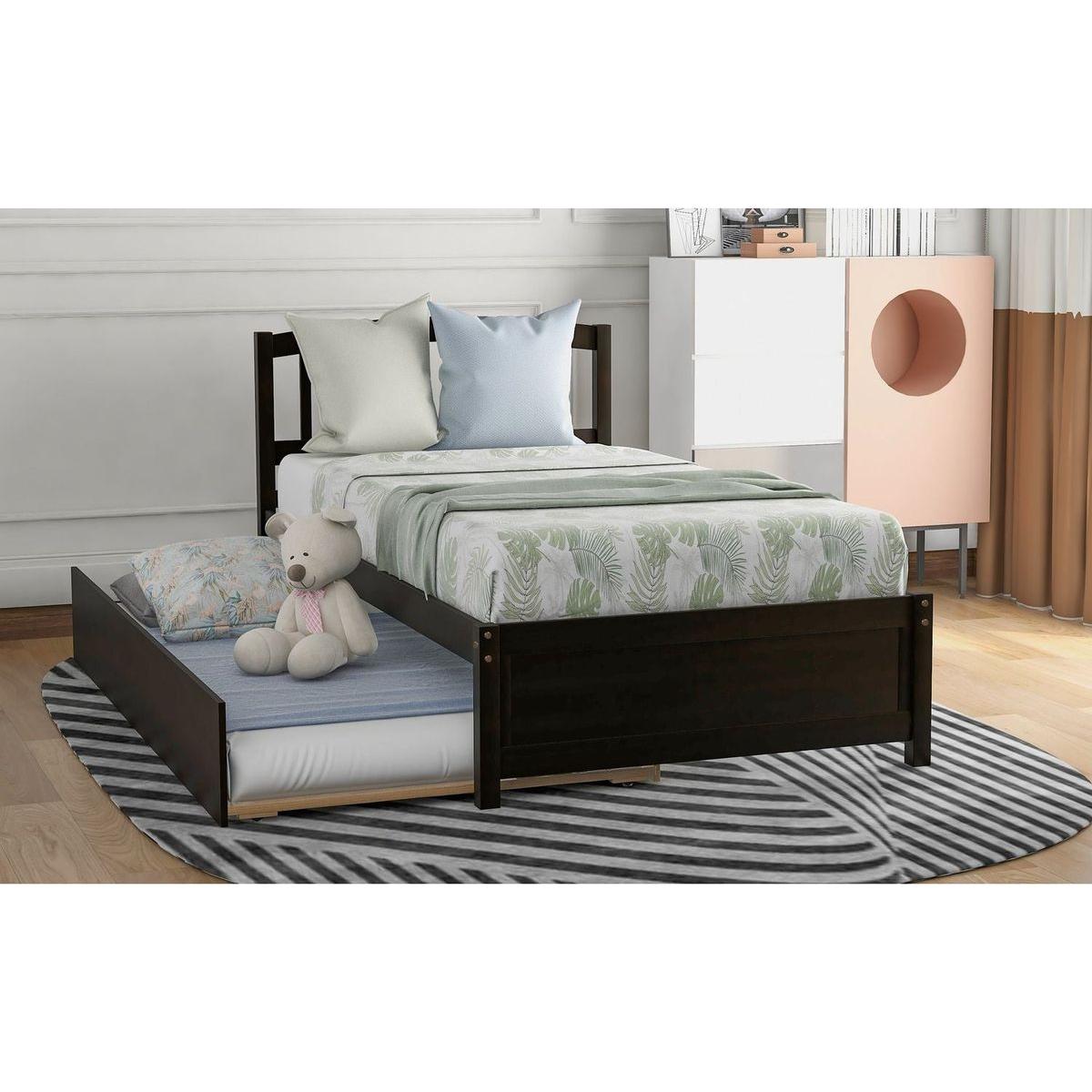 Twin size Platform Bed Wood Bed Frame with Trundle, Espresso - Streamdale Furniture