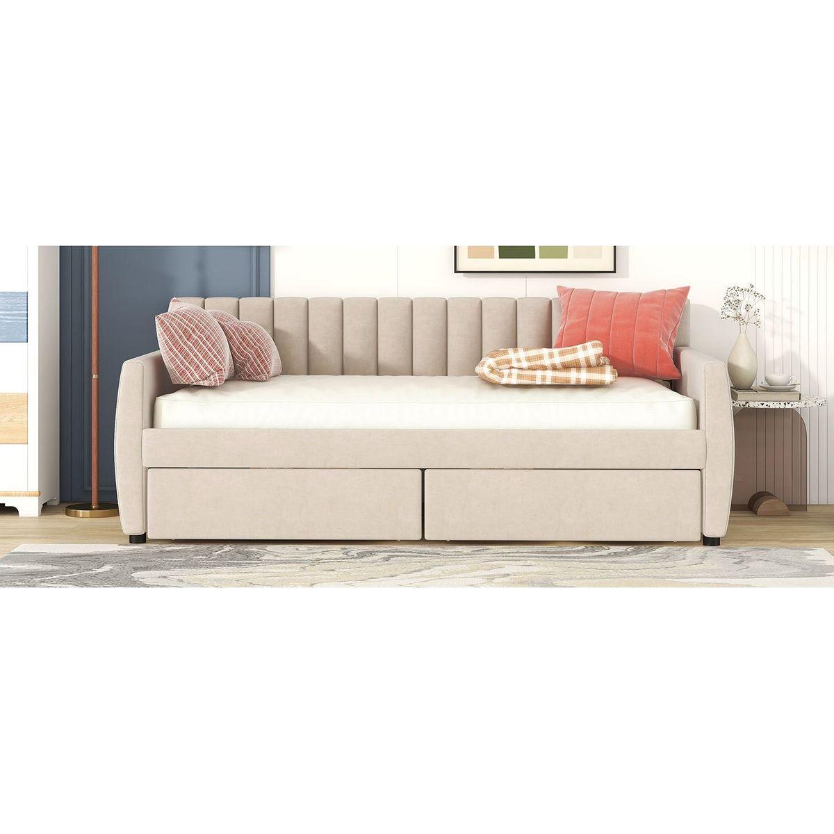Twin Size Upholstered daybed with Drawers, Wood Slat Support, Beige