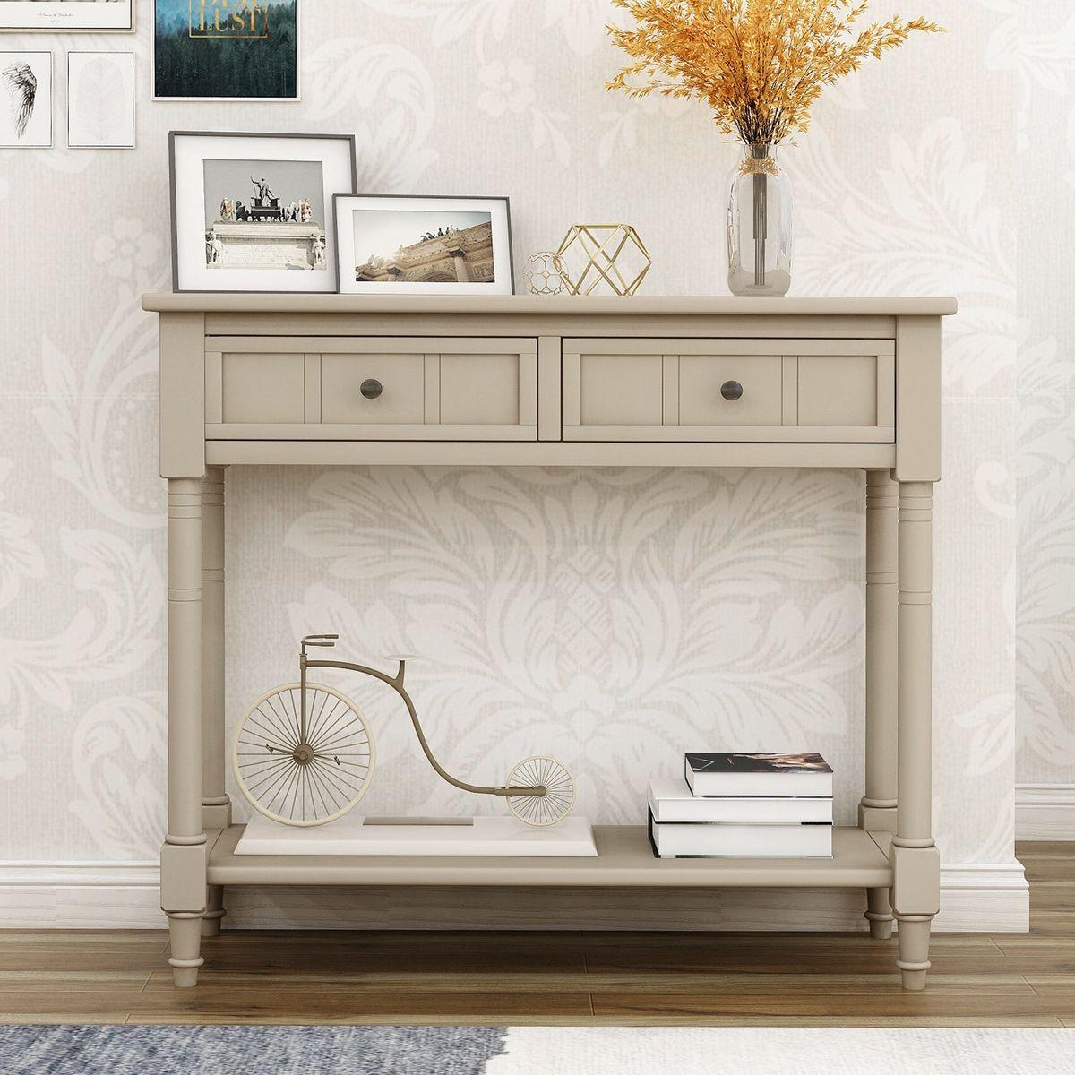 Daisy Series Console Table Traditional Design with Two Drawers and Bottom Shelf (Retro Grey) - Streamdale Furniture