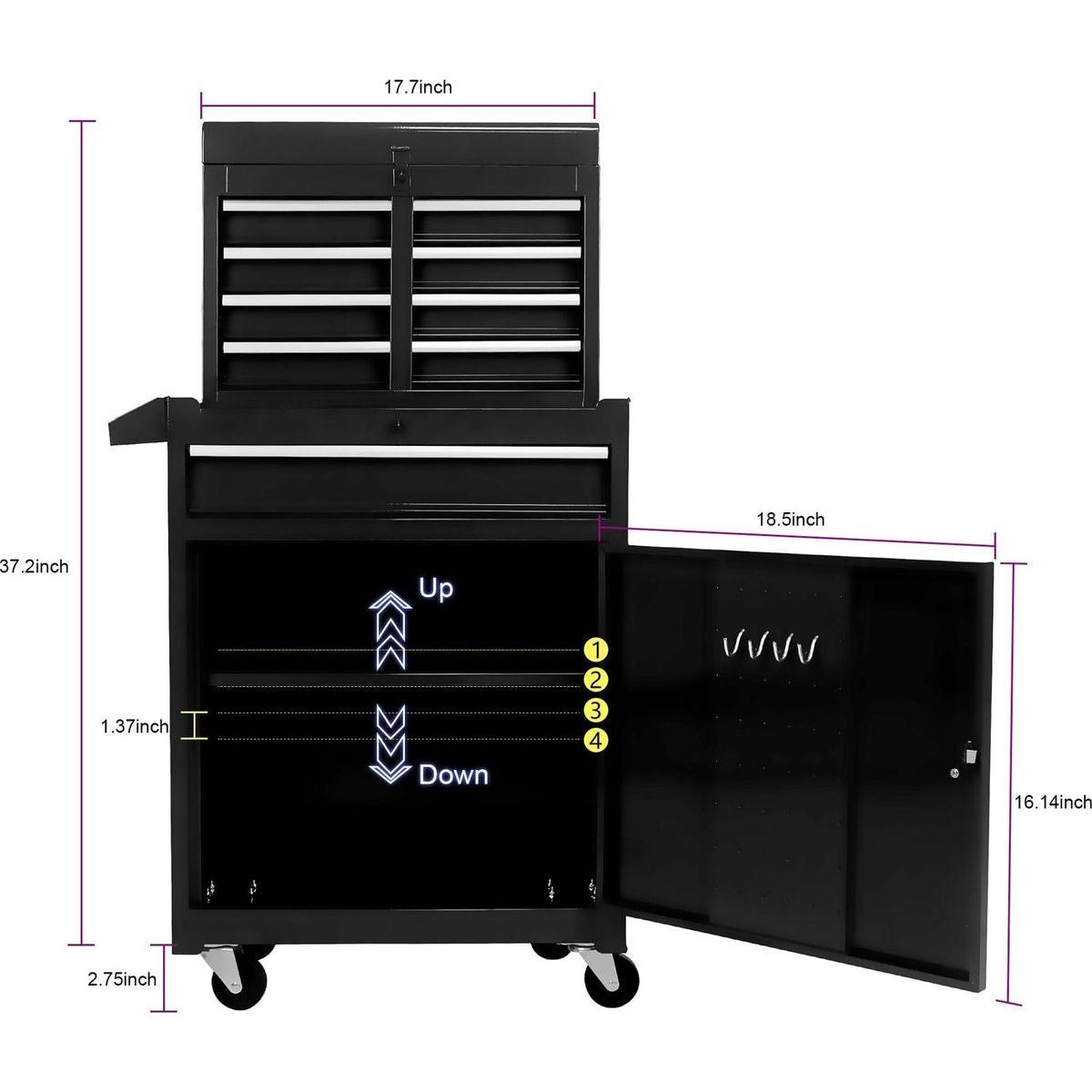 Detachable 5 Drawer Tool Chest with Bottom Cabinet and one Adjustable Shelf--Black