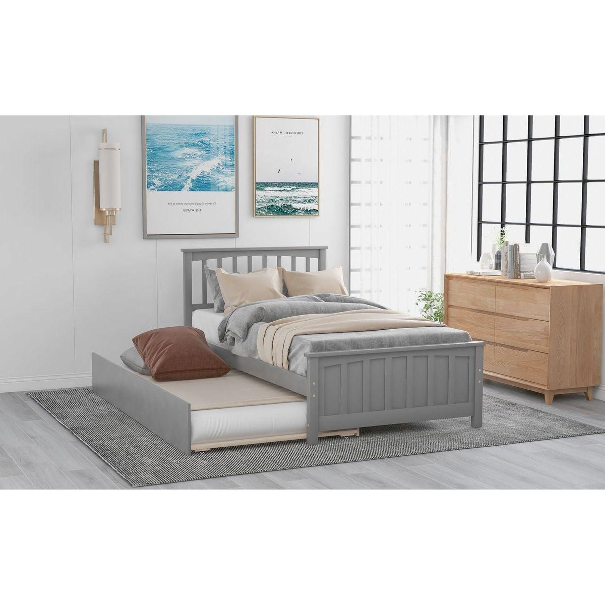 Twin size Platform Bed with Trundle, Gray - Streamdale Furniture