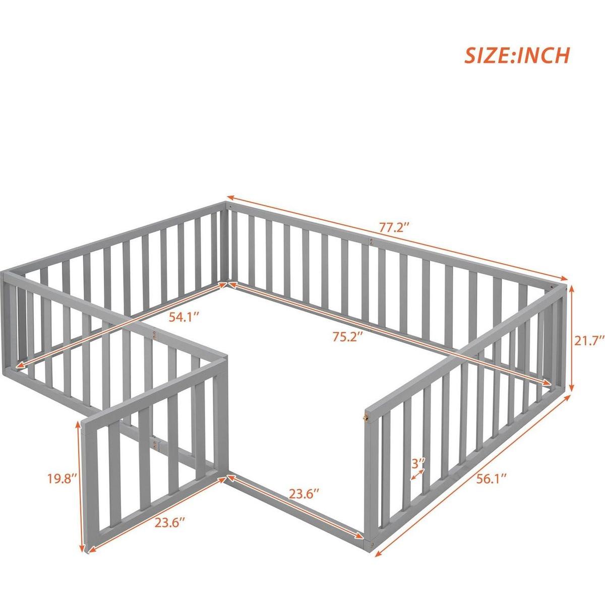 Full Size Wood Daybed Frame with Fence, Gray
