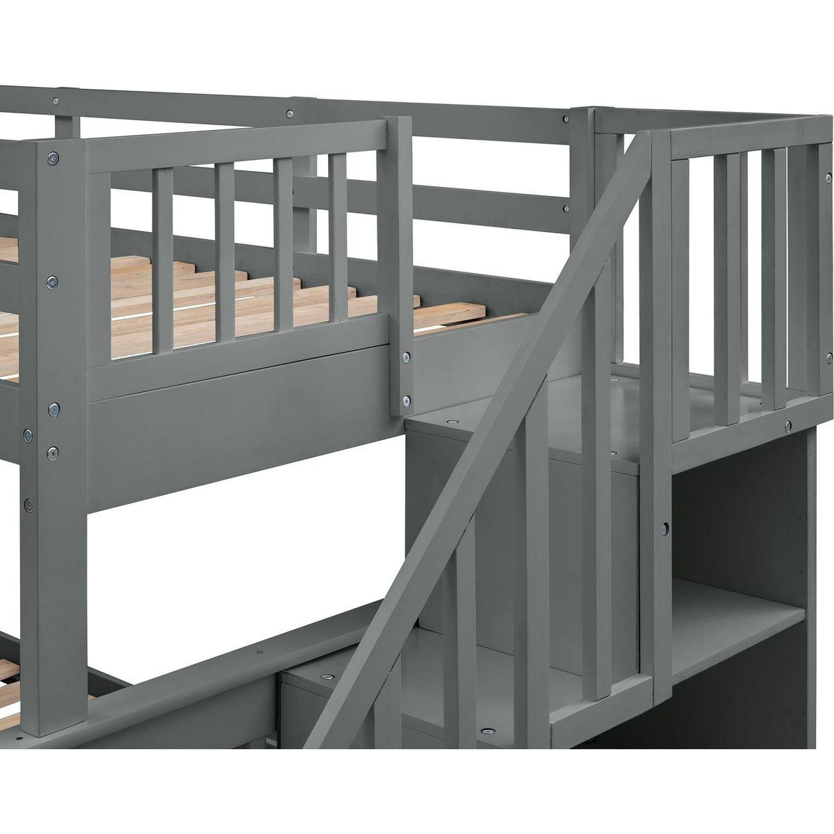 Stairway Twin-Over-Full Bunk Bed with Storage and Guard Rail for Bedroom, Gray color - Streamdale Furniture