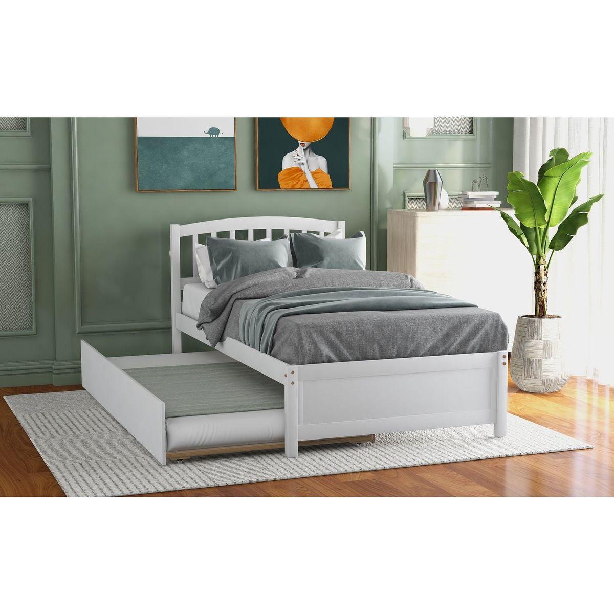 Twin size Platform Bed Wood Bed Frame with Trundle, White - Streamdale Furniture