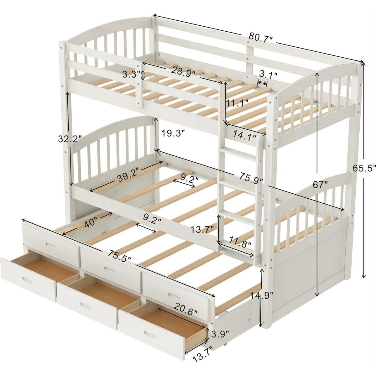 Twin over Twin Wood Bunk Bed with Trundle and Drawers, White - Streamdale Furniture